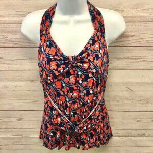 Anthropologie Ric Rac Halter Peplum Knotted Cherry Print Top